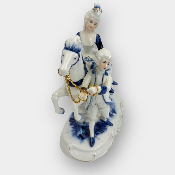 Vintage Porcelain Horse Rider & Handler Figurine Blue White Gold Trim 9 Inch - Picture 10 of 16
